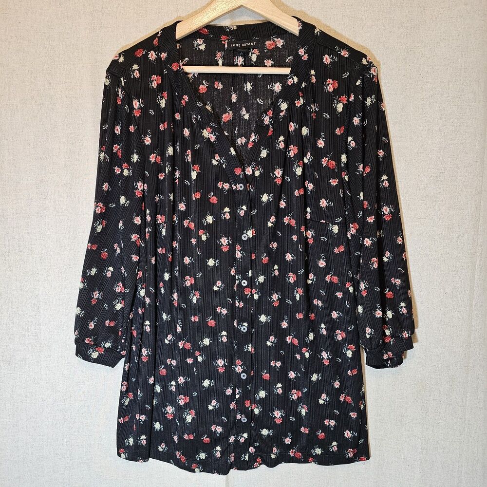 Lane Bryant Womens Top Size 18 / 20 Black Ditzy Dark Floral Spring Blouse Slinky